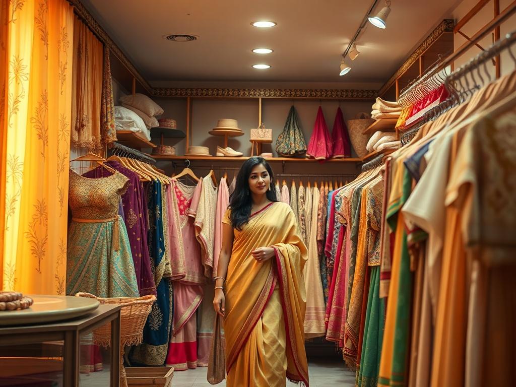 A serene, high-resolution image showcasing a cozy, golden-hued room filled with various Indian clothing options and accessories, including sarees, lehengas, and kurtas. A relaxed shopper is browsing through the items, surrounded by soft lighting that creates a warm atmosphere. The background features subtle Indian motifs, enhancing the cultural essence. The scene captures a sense of comfort and style, making it inviting for online shopping.