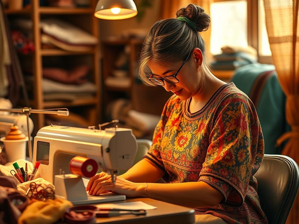 A skilled tailor expertly stitching a colorful blouse, surrounded by