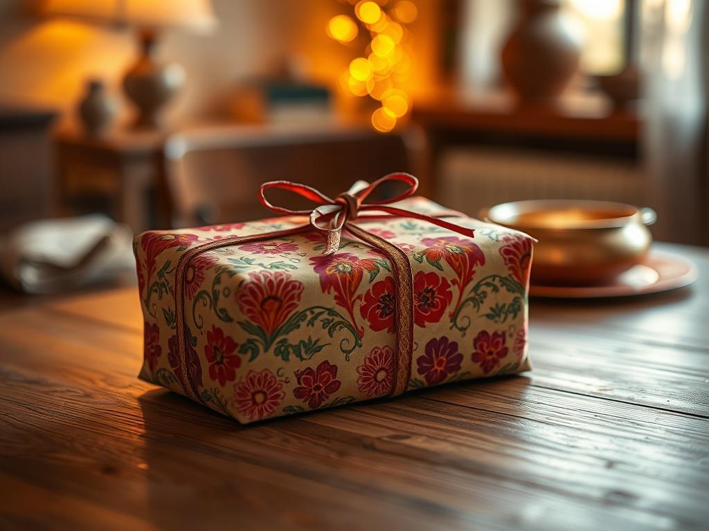 A beautifully wrapped package with vibrant Indian fabric patterns, neatly