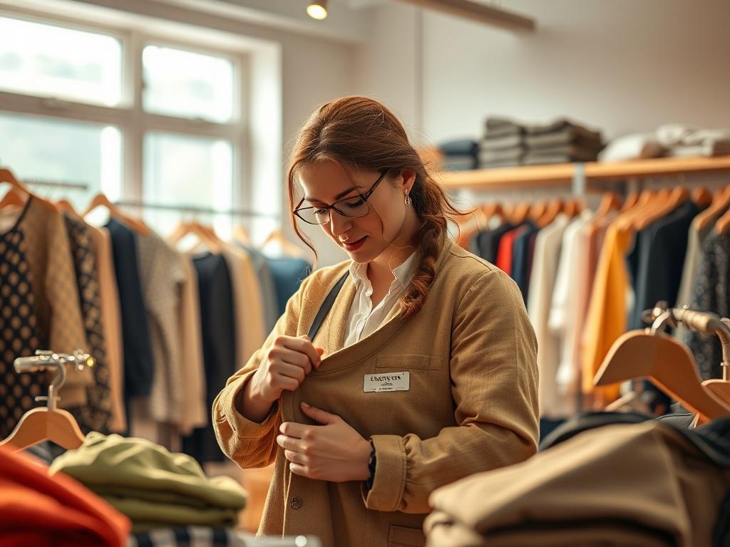 A quality control specialist inspecting a garment with a focus