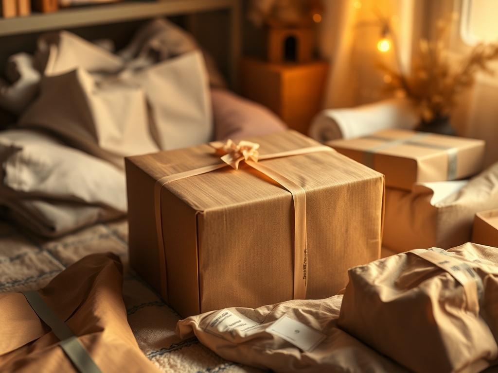 A beautifully packaged box of clothing being sealed with care,