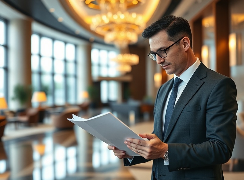 Professional hotel consultant in a luxury hotel lobby