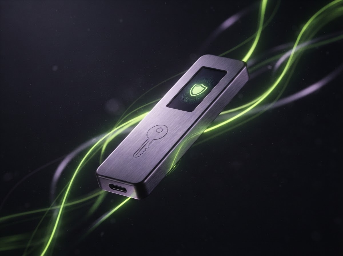 Sculptural hardware wallet device representing secure digital asset ownership