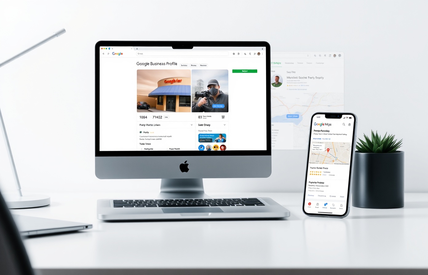 Google Ads campaign management showing MacBook Pro, iPhone, and Google Ads interface