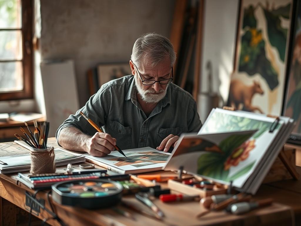 Generate a highly realistic, high-resolution image that captures the essence of the blog titled "Exploring the Creative Process." The composition should be simple and clear, focusing on a single subject: Michael Harvey Koplitz, depicted engaged in his artistic work. He is seated at a rustic wooden table, surrounded by art supplies like paintbrushes, a palette, and sketchbooks that showcase his vibrant artwork. 

Michael should express deep concentration, with his hand poised over a canvas, adding delicate s