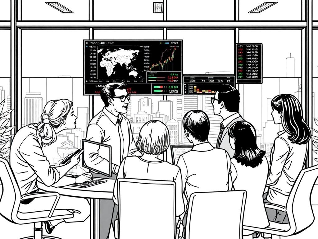A high-quality illustration of a professional service team collaborating in a modern office space. The team consists of diverse individuals engaged in a discussion, surrounded by digital screens displaying international market data. The composition is clean and organized, focusing on the teamwork aspect. The background features large windows with a view of a city skyline, emphasizing a global perspective. The style is crisp, solid black line drawing compatible with the #C5CFD7 primary color.