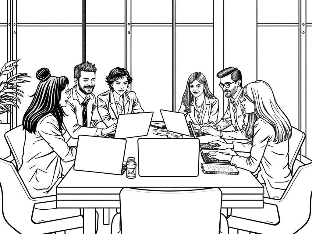 A high-quality illustration of a diverse group of professionals engaged in a collaborative meeting. The group is seated around a modern table with laptops and notepads, showcasing a variety of communication tools like charts and graphs. The background is a sleek, contemporary office space with large windows letting in natural light. The scene captures a dynamic and productive atmosphere, emphasizing teamwork and innovative communication strategies. The illustration should be rendered in a crisp, solid black