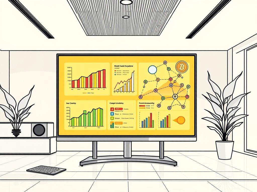 Create a high-quality illustration of a visual database interface showcasing investment and business ecosystems. The composition should feature a large screen displaying colorful graphs, charts, and interconnected nodes representing various investment opportunities. The background should be a sleek, modern office space, emphasizing a professional and innovative environment. The image should be rendered in crisp, solid black line drawing style, compatible with the #C5CFD7 primary color.