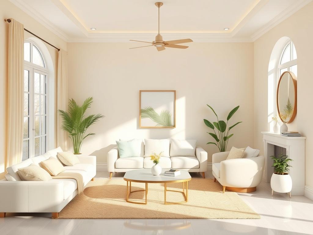 A serene and bright interior space showcasing a clean and peaceful atmosphere, with soft pastel yellow and sage green accents. The image features a cozy living room with natural light filtering through windows, highlighting gleaming surfaces and neatly arranged decor that reflects a Brazilian-inspired style. The overall tone is gentle, inviting, and calm, emphasizing cleanliness and tranquility.