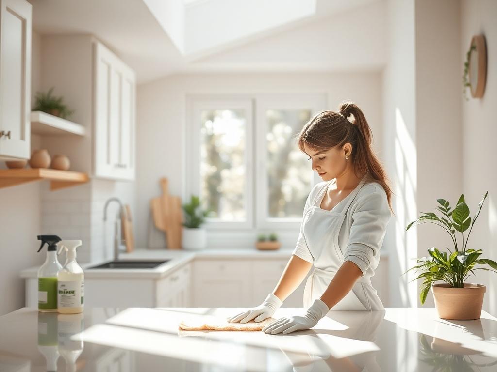 A professional cleaner in a pristine kitchen, using eco friendly