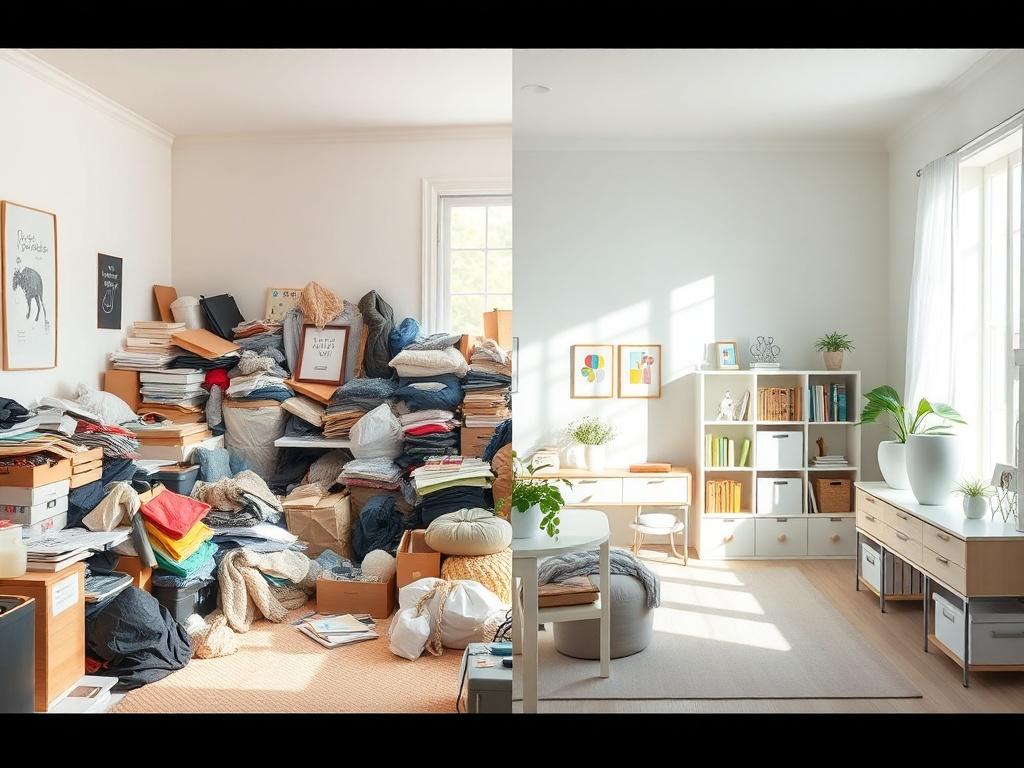 A before and after scene of a cluttered room transformed