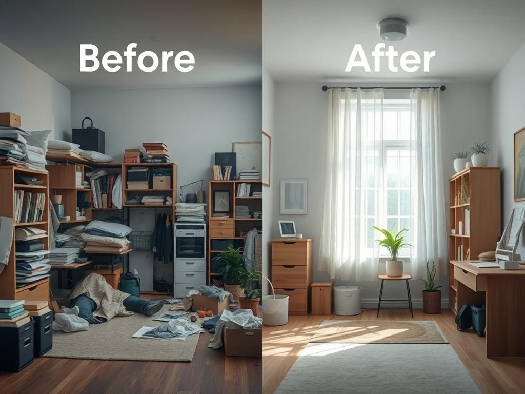 A before and after transformation of a cluttered room, showing