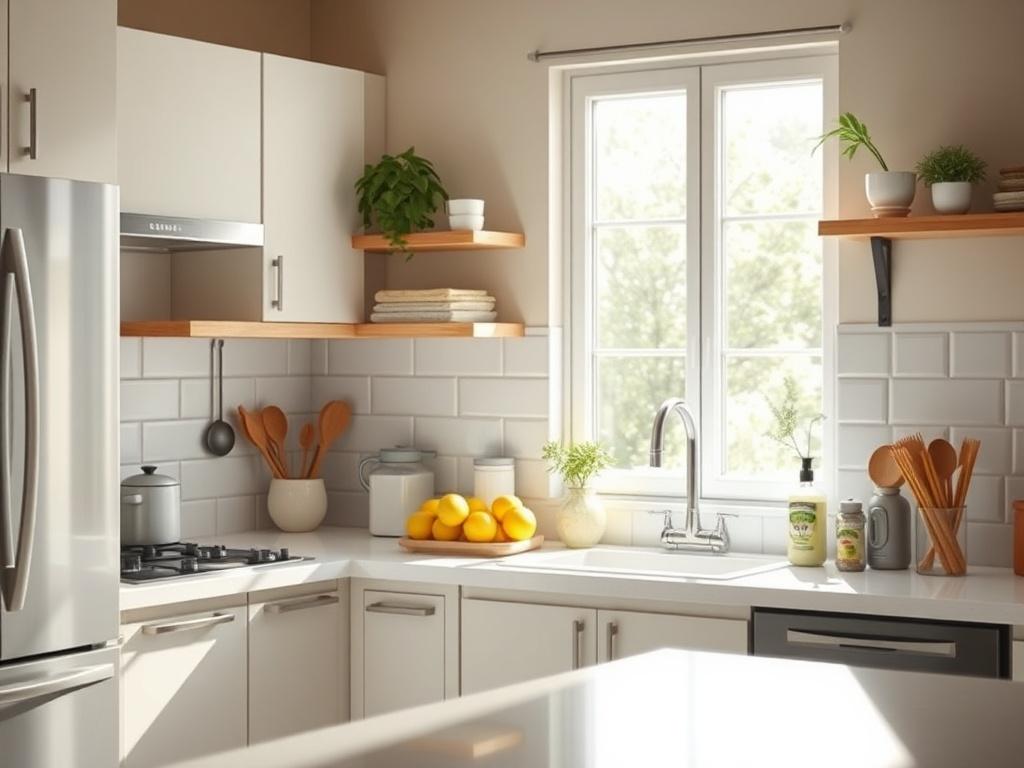 An image of a well organized, sparkling clean kitchen with