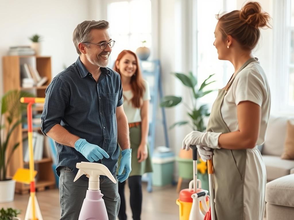 A friendly cleaning professional discussing with a client in a