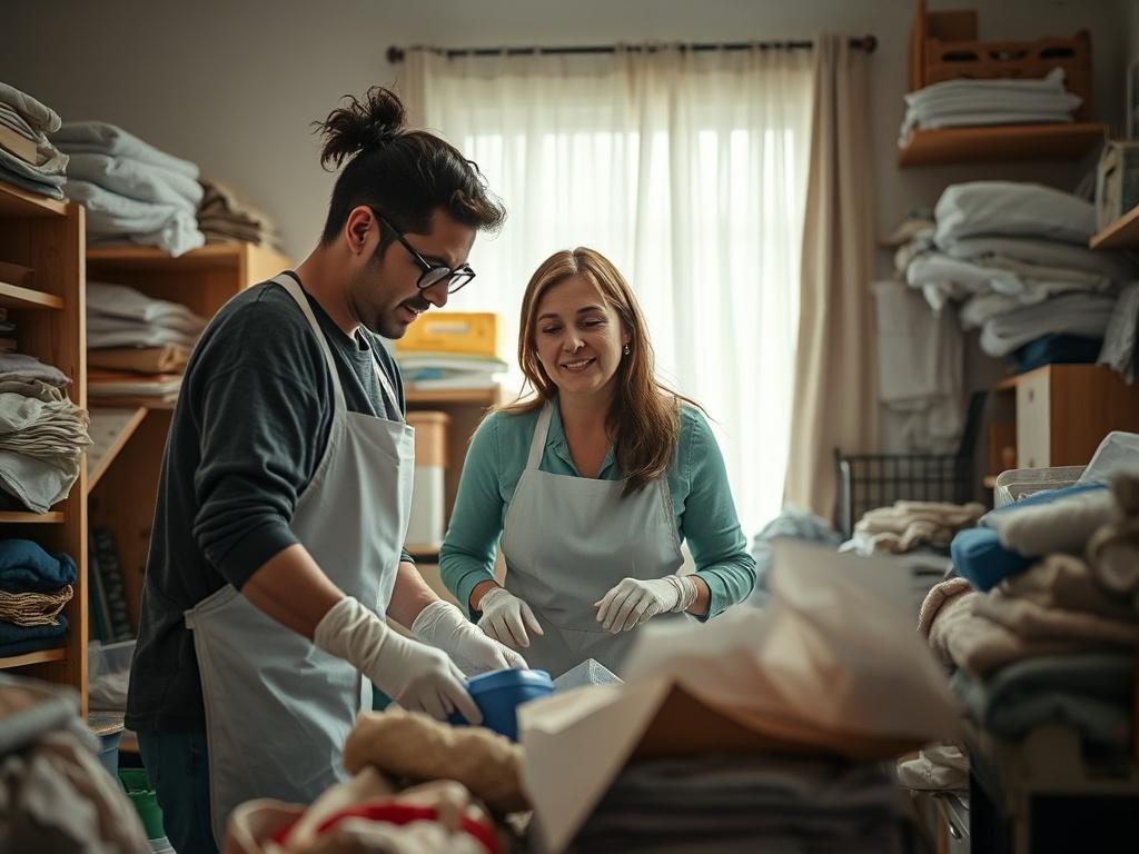 A compassionate cleaning team working in a cluttered room, gently