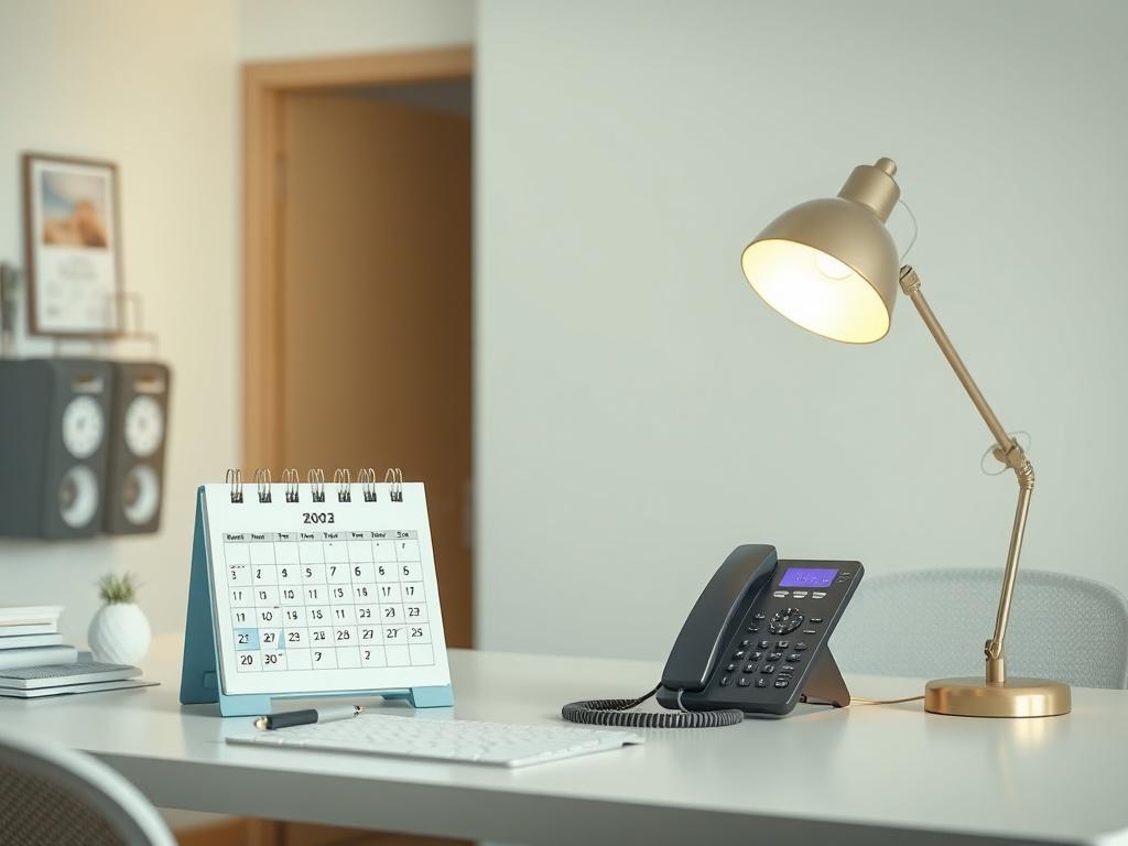 A serene, inviting office space with a calendar on a