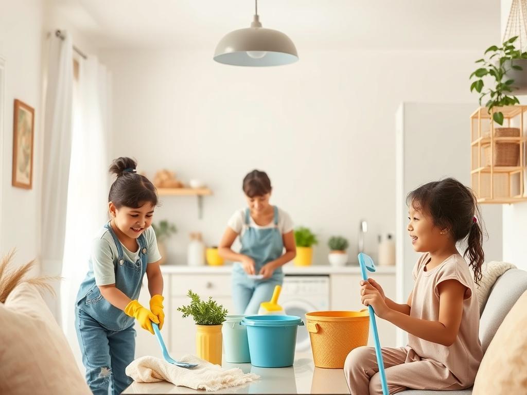 A cozy and inviting scene of a Brazilian family in a bright, clean living space, showcasing a warm atmosphere. The family members are smiling and engaged in cleaning tasks, with soft pastel colors in the background. Gentle lighting enhances the peaceful ambiance, and the focus is on the family's teamwork and care in maintaining a clean environment, without any text or abstract shapes.