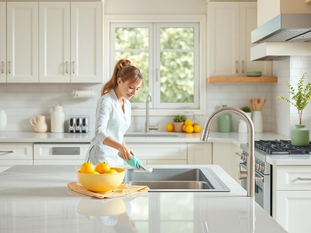 A kitchen with gleaming countertops and appliances, showing a cleaner scrubbing the sink. The image captures soft pastel yellow details like a fruit bowl and sage green decor, emphasizing a fresh and inviting atmosphere.