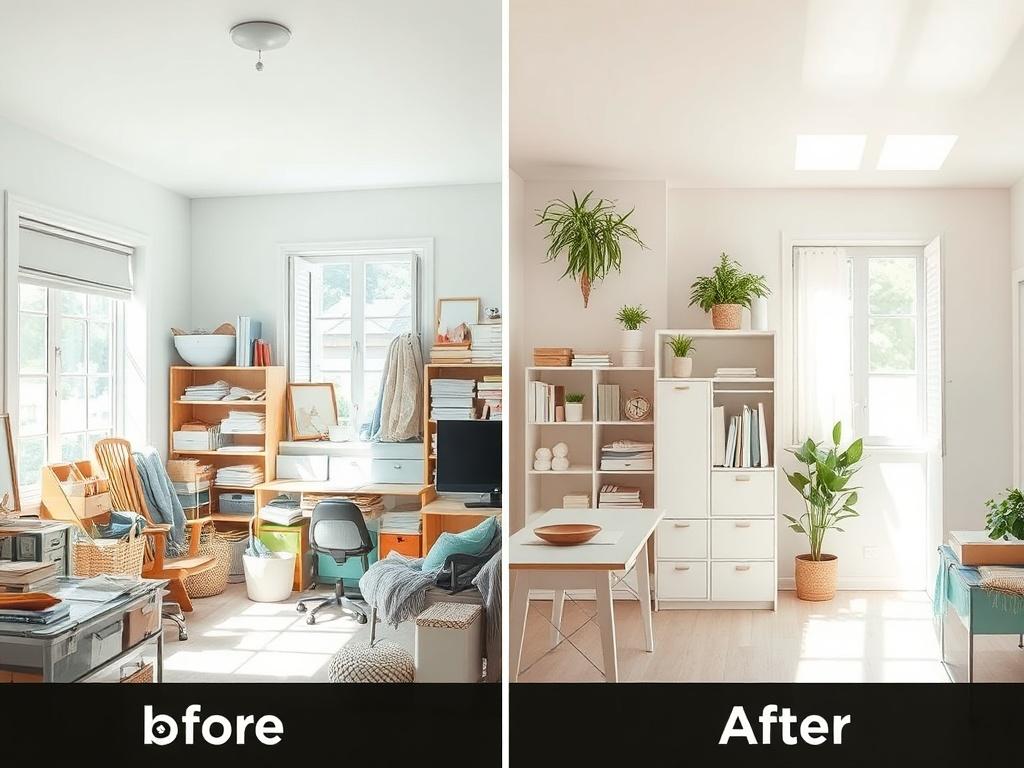 A bright, organized room filled with sunlight, showcasing a before-and-after scene. One side depicts clutter, while the other shows a clean, organized space with soft pastel tones, highlighting the transformation and sense of calm.