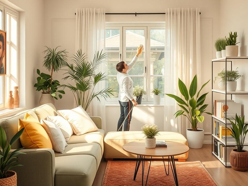 A serene living room with soft pastel yellow cushions on a sage green sofa, sunlight streaming through the window showcasing cleanliness. A professional cleaner is seen gently dusting a shelf, surrounded by plants and soft lighting, creating a peaceful atmosphere.