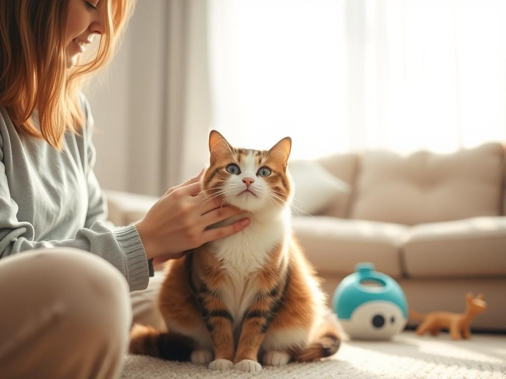 A cozy living room setting with a happy cat being