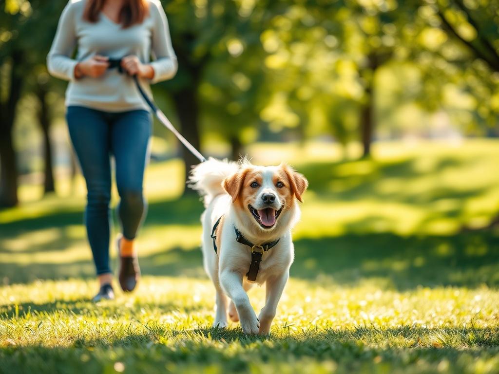 A cheerful dog walking through a sunny park, with a