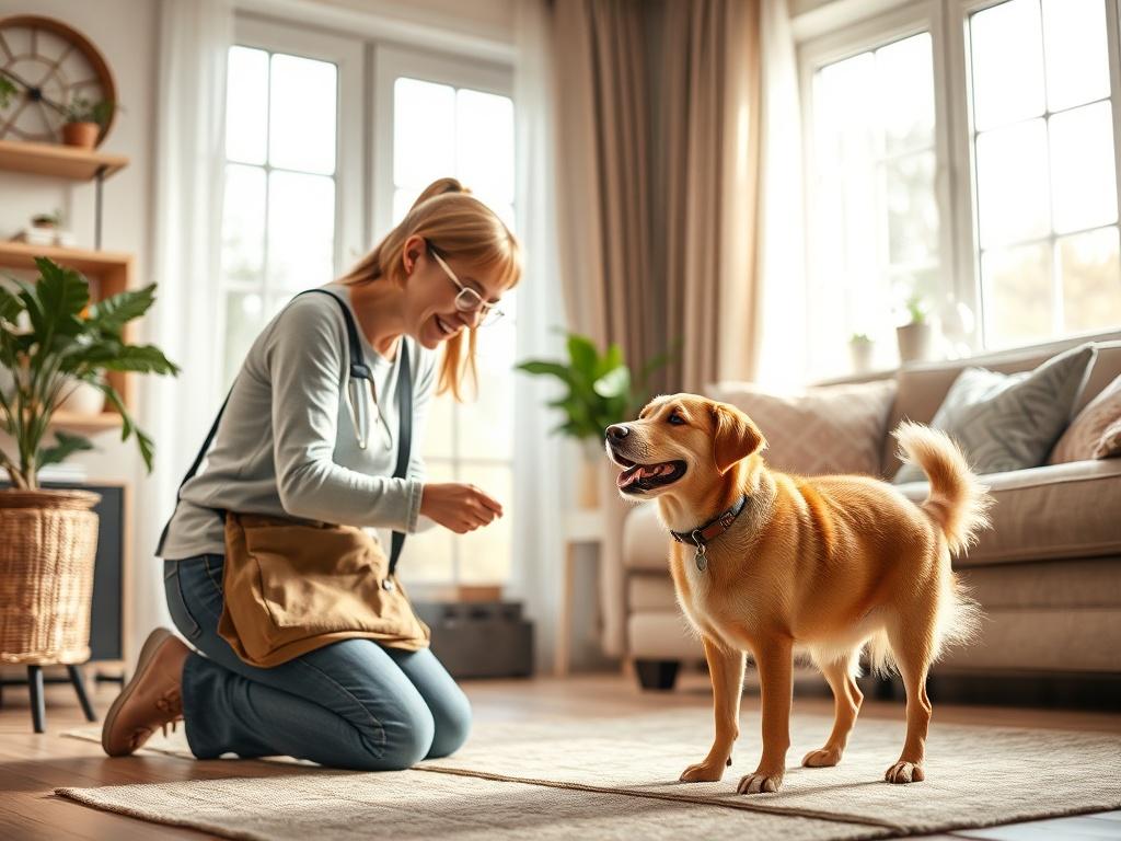 A friendly pet walker kneeling down to greet a curious