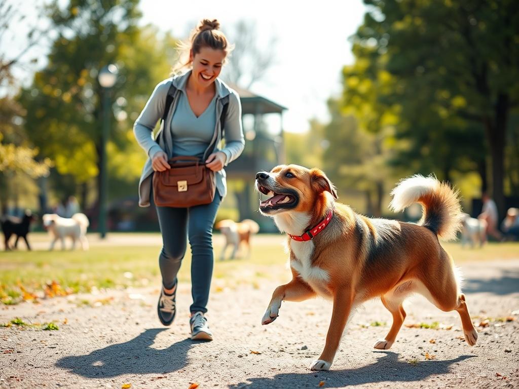 A pet walker joyfully playing with a dog at a