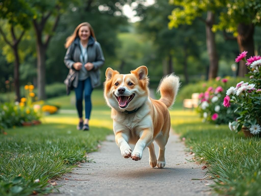 A playful dog joyfully running in a park, with a