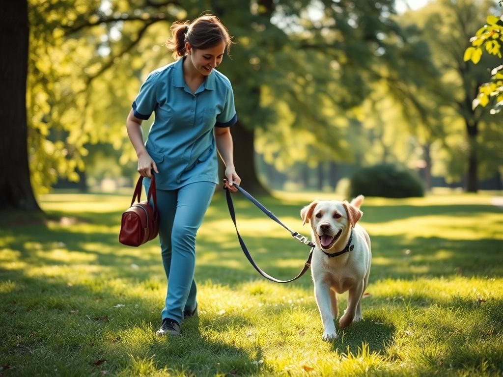 A serene scene of a happy dog being walked by