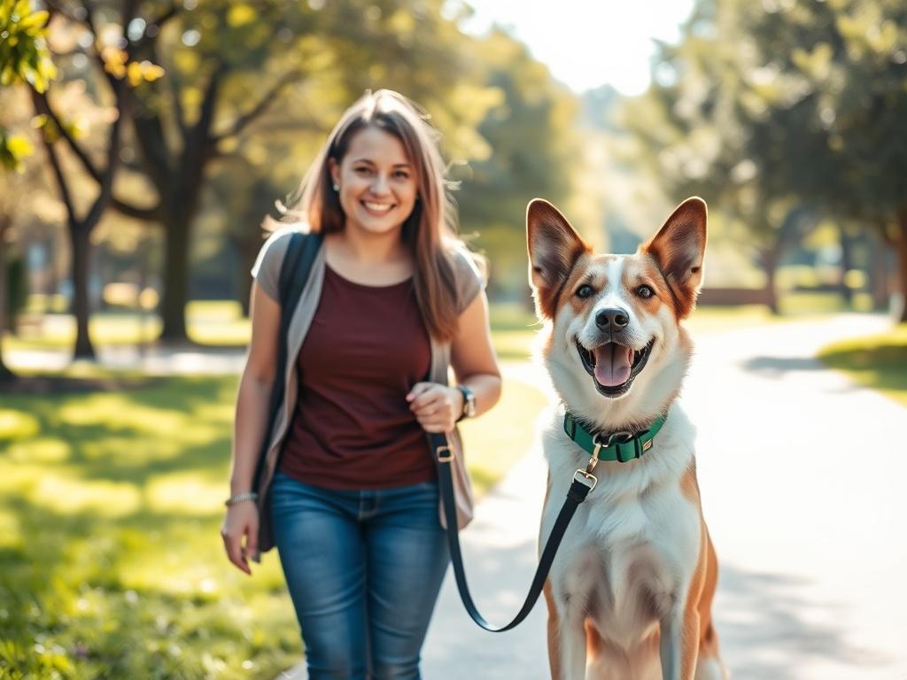 A serene outdoor setting with a friendly pet walker smiling