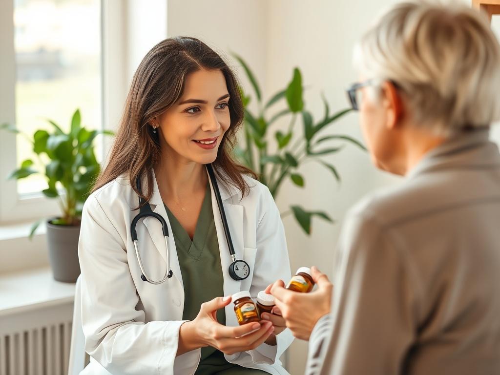A serene consultation room with a naturopathic doctor and a patient discussing a health plan. The doctor is holding herbal supplements, and there are plants in the background. The composition is simple and clear, focusing on the interaction between doctor and patient, with warm, natural lighting. Shot with a 45mm f/1.2 lens.