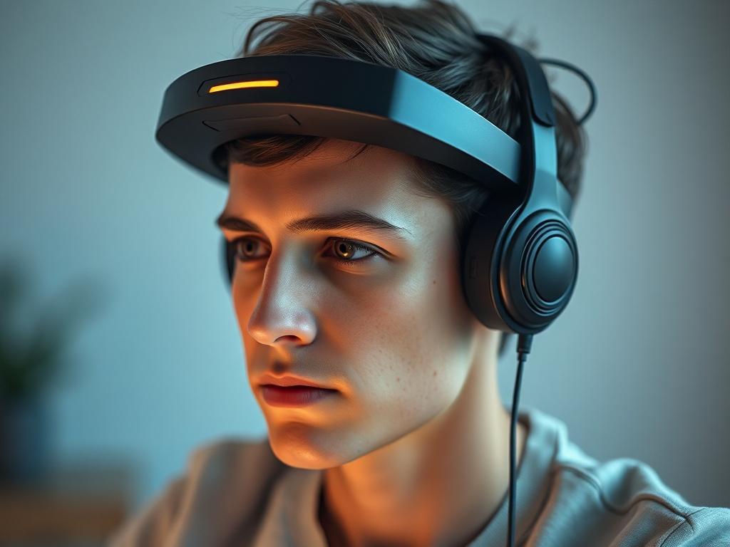 A focused individual wearing a neurofeedback headset while engaged in a brain training session. The background is a calming, minimalist environment, emphasizing the technology and the individual’s concentration. The image captures the essence of cognitive enhancement and personal growth. Shot with a 45mm f/1.2 lens.