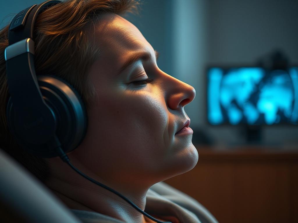 A close-up shot of a person relaxing in a neurofeedback session, wearing a headset with sensors, surrounded by a calm environment. The background should convey a sense of tranquility and focus, highlighting the high-tech equipment used.