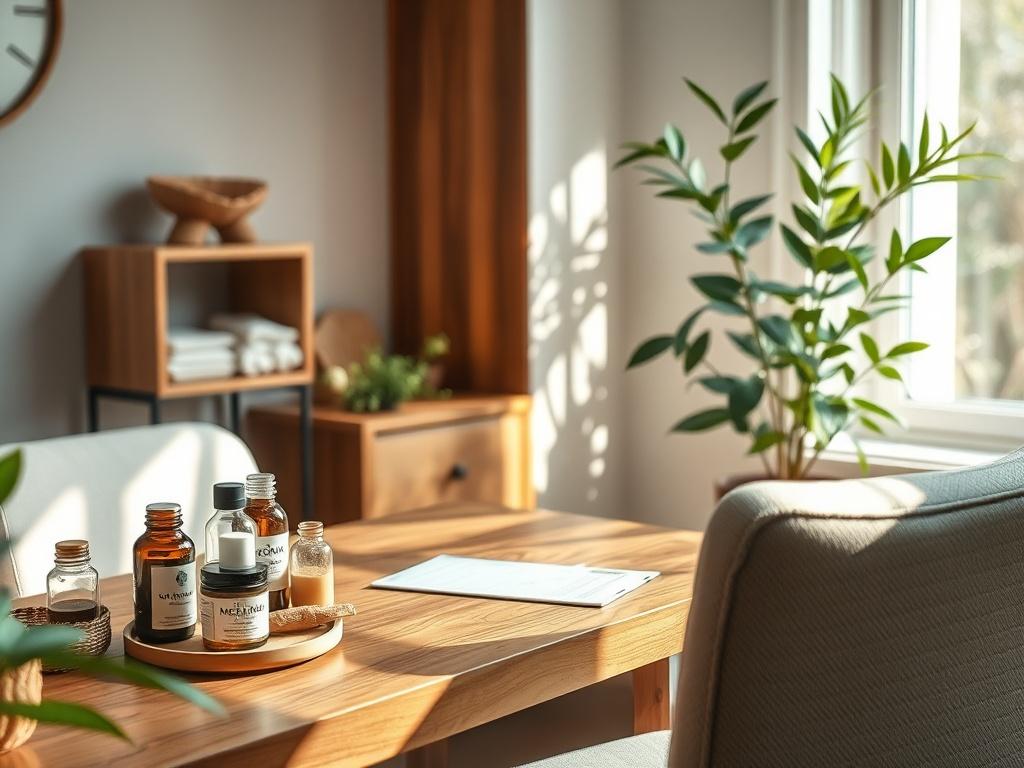 A close-up shot of a serene consultation room with natural light streaming in, featuring a wooden desk with herbal remedies, a plant, and a comfortable chair. The focus should be on the inviting atmosphere that emphasizes holistic health.