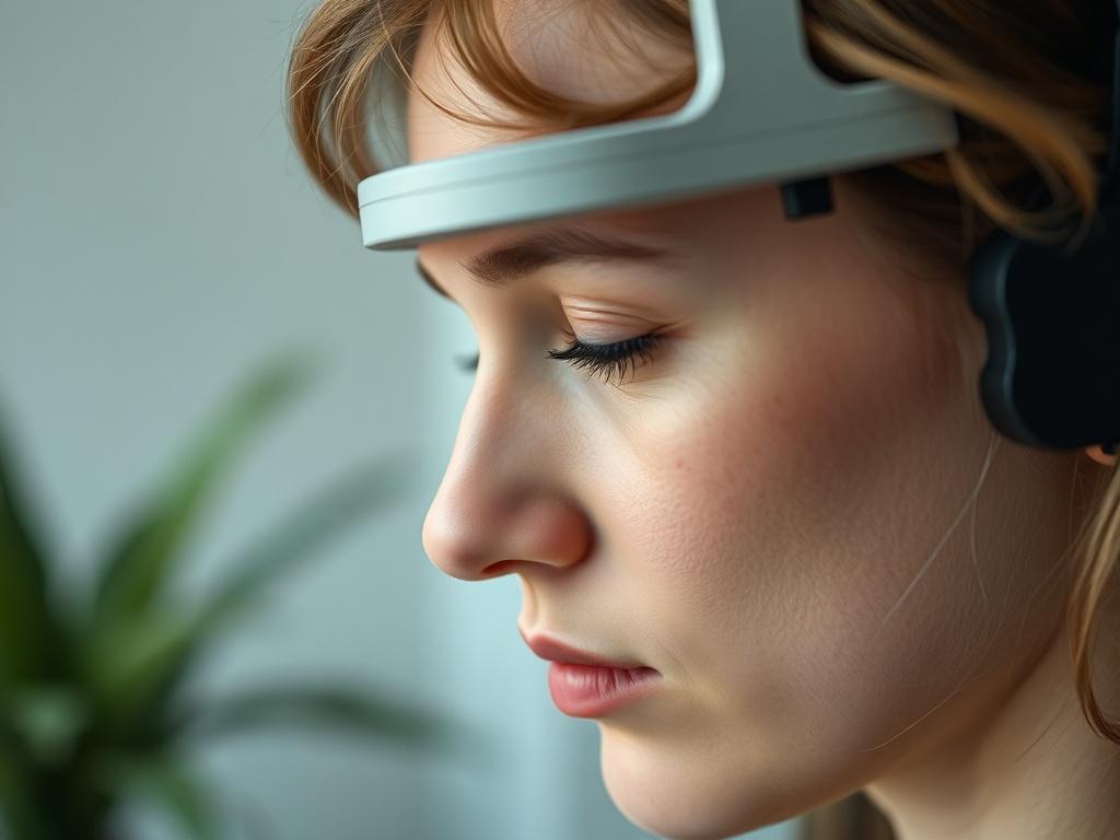 A close-up shot of a person wearing a neurofeedback headset, concentrating in a calm environment. The background should evoke a sense of tranquility, highlighting the technology used for brain optimization.