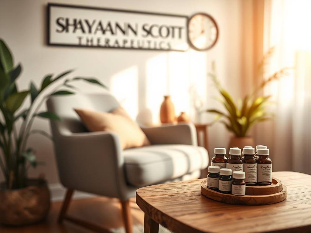 A close-up shot of a serene consultation room at SHAYANN SCOTT THERAPEUTICS, featuring a comfortable chair, natural light filtering through a window, and a wooden table with herbal remedies displayed. The background should be softly blurred to emphasize the inviting atmosphere, using warm tones that complement the rgb(179, 129, 42) primary color.