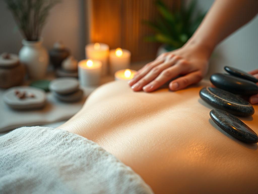 A serene close-up shot of a Hot Stone Massage in a peaceful therapy room, showcasing smooth, heated stones placed strategically on the client's back. The focus is on the warmth emanating from the stones and the gentle touch of the therapist's hands. The atmosphere is calm, with soft lighting and natural elements like stones and plants in the background, creating a holistic vibe that emphasizes relaxation and healing.