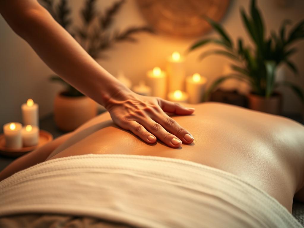 A tranquil massage room with a close-up of a Swedish massage in progress, highlighting the therapist's hands gliding smoothly over the client's back. The setting features soft, ambient lighting and natural decor, creating a cozy and inviting atmosphere. The focus is on the gentle strokes and relaxed expressions, conveying a sense of peace and comfort. The background includes elements like candles and plants, enhancing the overall theme of relaxation and well-being.