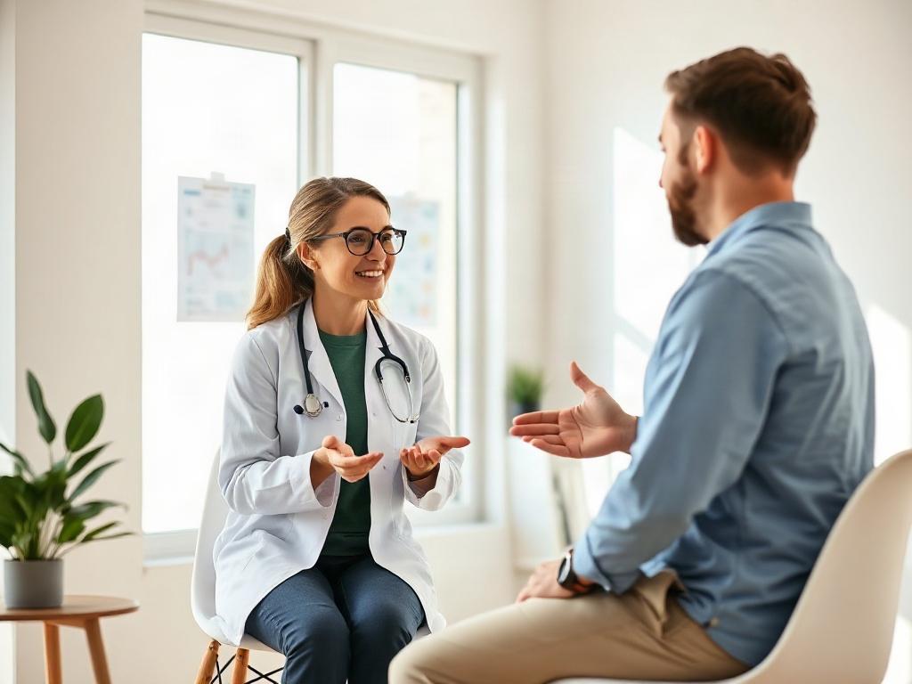 A focused image of a healthcare professional discussing metabolic health with a patient in a bright, welcoming office. The setting emphasizes professionalism and care, with medical charts and wellness resources subtly visible in the background. The emphasis is on the interaction, showcasing trust and guidance.