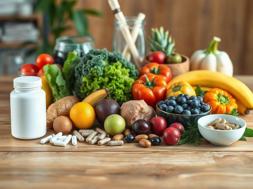 An aesthetically pleasing arrangement of colorful, healthy foods on a wooden table, showcasing a variety of fruits, vegetables, and supplements. The focus is on the vibrant colors and textures of the food, symbolizing health and vitality. The background should be softly blurred to emphasize the nutritious spread.