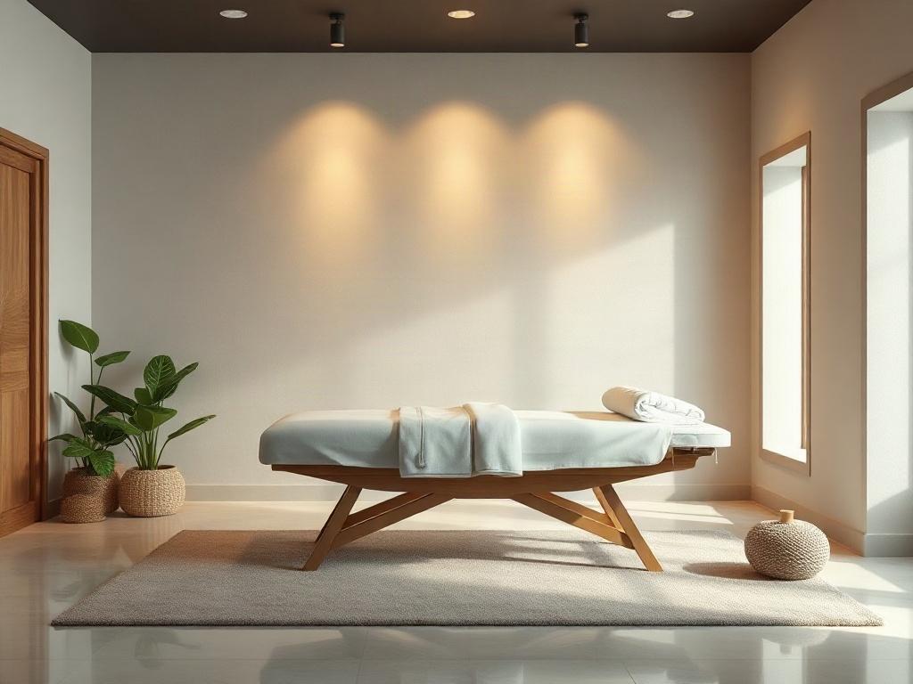 A serene and inviting wellness center with soft lighting, featuring a clinical massage bed and natural elements like plants. The background should include calming colors and textures that evoke a sense of peace and healing. The focus is on the massage bed, symbolizing personalized care and comfort, with minimal distractions in the environment.