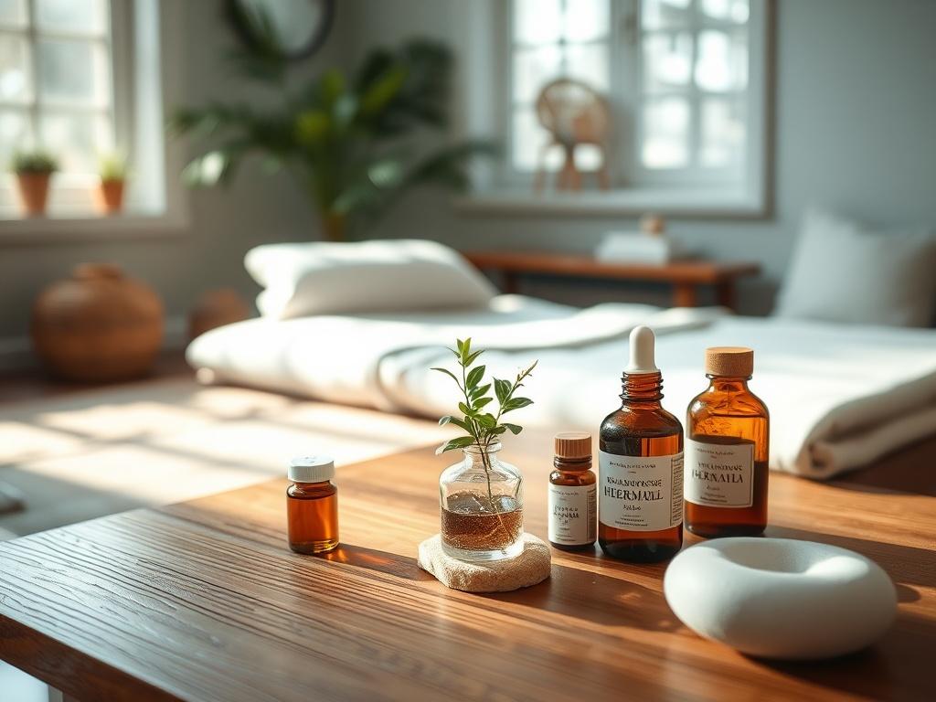 A close-up shot of a serene therapy room with natural light streaming in, featuring a wooden table with herbal remedies and a small plant. The background should be calming and focused on a single subject, with soft colors that evoke a sense of wellness.
