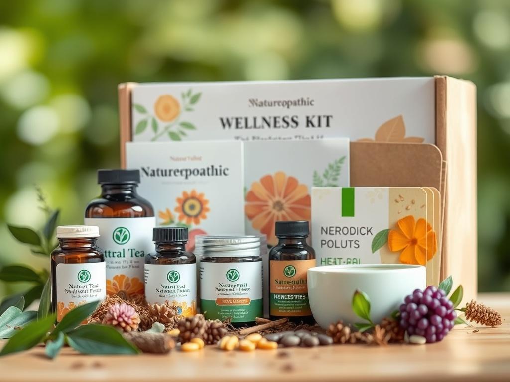 A close-up shot of a beautifully arranged Naturopathic Wellness Kit, featuring herbal supplements, natural teas, and informational booklets. The focus is on the kit's vibrant colors and textures, set against a softly blurred natural background that conveys a sense of tranquility and wellness.