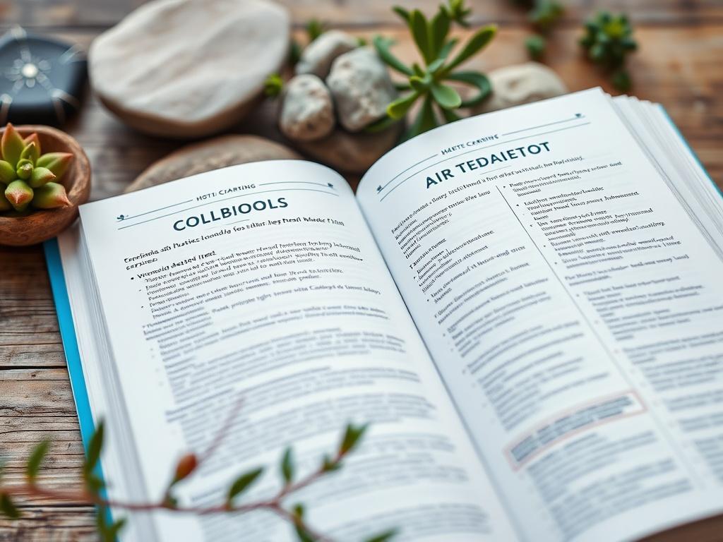 A close-up shot of the Holistic Health Coaching Workbook, open to a colorful page filled with prompts and exercises. The background features natural elements like plants and stones, symbolizing growth and wellness.