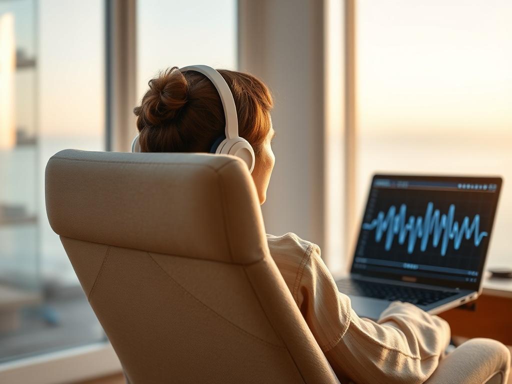 A close-up shot of a Neurofeedback Training setup, showcasing a comfortable chair with EEG sensors and a laptop displaying brainwave activity. The background is serene and calming, evoking a sense of focus and mental clarity.