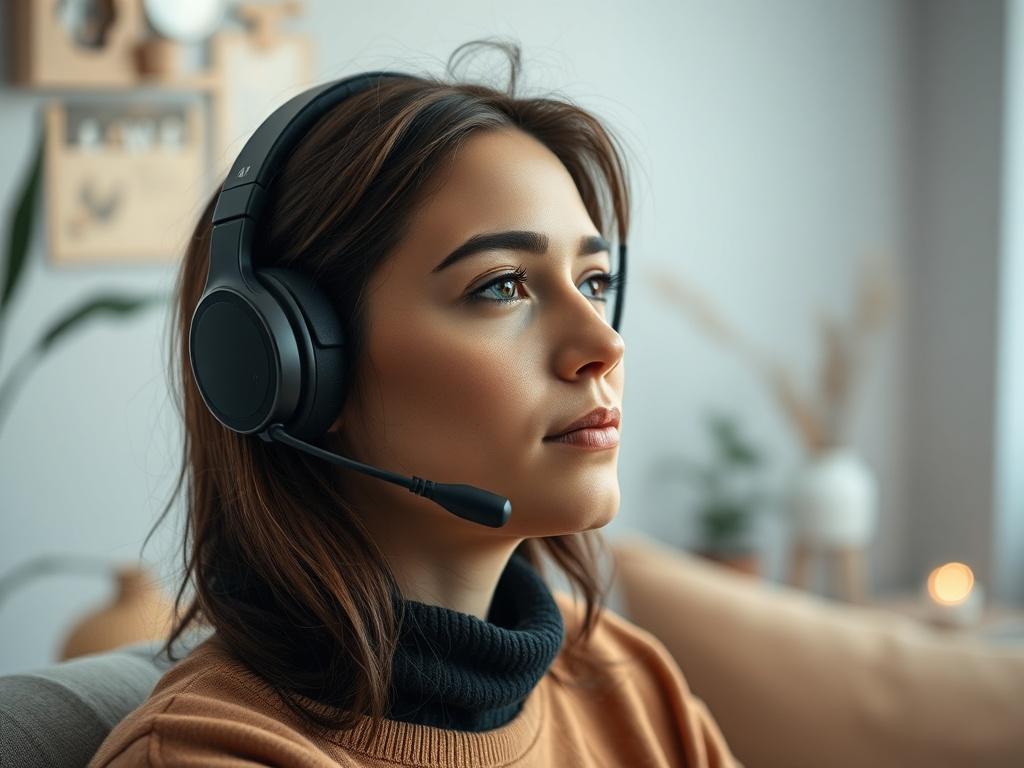 A close-up of a person wearing a neurofeedback headset, looking relaxed and focused while seated in a calming, softly lit environment. The background should include soothing colors and elements that indicate a wellness-focused atmosphere.
