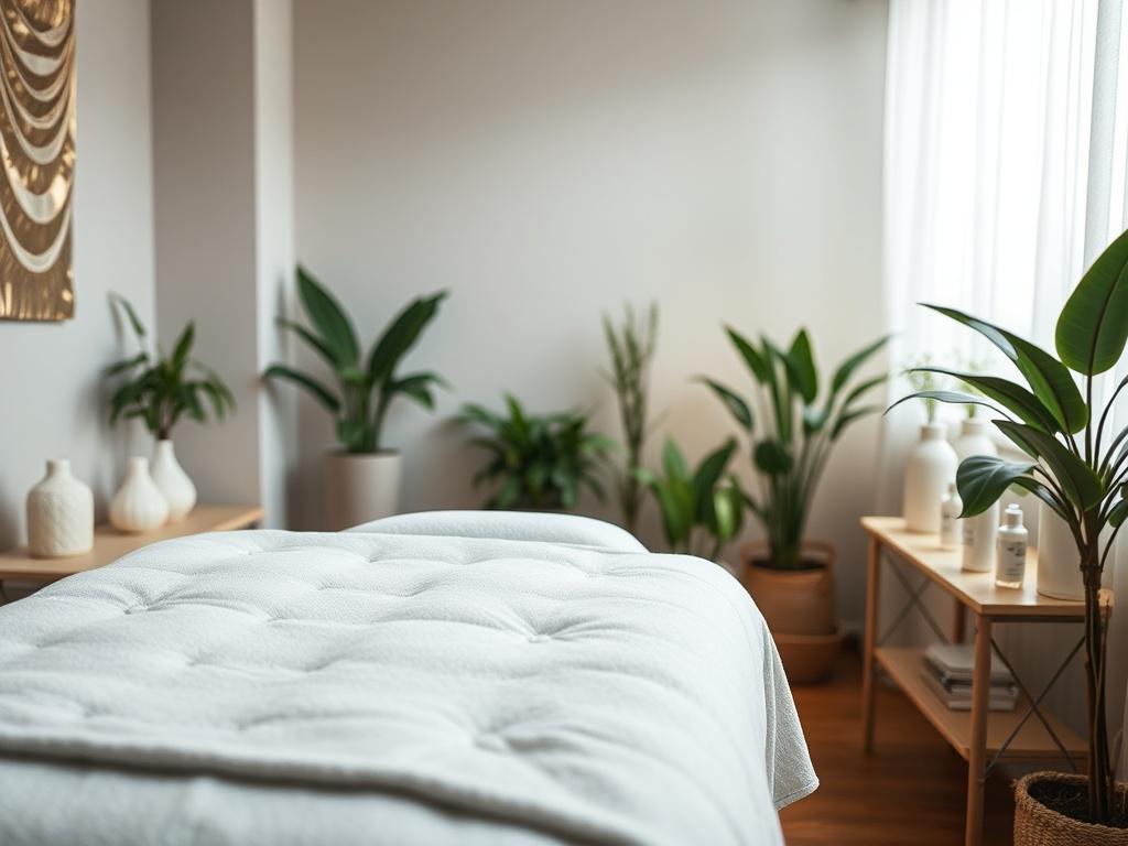 A serene, inviting treatment room featuring natural elements like plants and soft lighting. The room should have a massage table, acupuncture needles, and wellness products neatly arranged. A calming atmosphere with soothing colors, creating a sense of peace and relaxation.