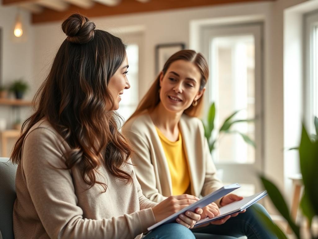 An engaging scene of a health coach and client discussing wellness goals in a bright, welcoming space. The coach is actively listening while taking notes, showcasing a collaborative and supportive environment.