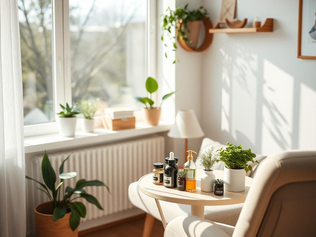 A close-up shot of a serene, calming office space with natural light coming through the window, featuring a comfortable treatment chair and a small table with various natural remedies and plants. The composition should convey a sense of tranquility and wellness, reflecting the holistic nature of naturopathic medicine.